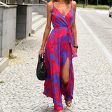 Purpdrank - Summer Sleeveless Sexy Backless Boho Dress Elegant V-Neck Slit Floral Print Sling Dress Women Fashion Beach Holiday Maxi Dresses