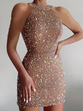 Purpdrank - Sexy Off Shoulder Sleeveless Slim Mini Party Dress Ladies Elegant Sequin Shiny O Neck Dress Summer Women Fashion Bag Hip Dresses