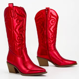 Purpdrank - Metallic Cowboy boots woman Western Boots For Women Zip Embroidered Pointed Toe Heeled Winter Shoes Pink Red Gold Metalic