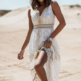 Purpdrank - Elegant V Neck Lady Loose Maxi Party Dress Women Flare Sleeve Solid Lace Dress Summer Hollow Out Casual Long Dress Vestidos