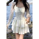 Purpdrank - White Wrap Mini Dress Women Vintage Mesh Bodycon Ruffles Square Collar Short Dresses Casual Autumn Korean Fashion