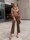 Purpdrank - Simplee Casual button loose women satin pants set green Office fashion long sleeve two piece sets High street pocket suit