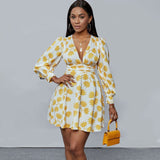 Purpdrank - Sweet Fashion Dress Deep V Neck Floral Print Mini A Line Cleavage Women Clothings Summer Long Sleeve Lady Outfits