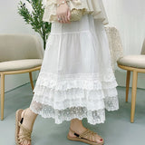 Purpdrank - Mori Girl Style Retro Pure Cotton Multi-layer Summer Lace Elastic Waist Loose Cake Skirt Lolita Petticoat Casual Midi Skirt Saia