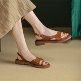 Purpdrank - NEW Summer Sandals Women 2023 Split Leather Round Toe Low Heels Shoes for Women French Retro Handmade Shoes Female Zapatos Mujer