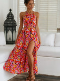 Purpdrank - Summer Sexy Long Dress Women Casual Backless Bandage Slit Red Holiday Beach Sundress Fashion Hollow Floral Print Dresses
