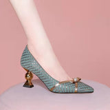 Purpdrank - Size 35-41 Golden Heel Bow Design High Heels Light Green Stiletto Pumps Fashion Sexy Women Heels Shoes