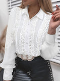 Purpdrank - Women Sexy Lace Patchwork Hollow Out Shirt Blouse Long Sleeve O-Neck Mesh Design Tops Spring White Vintage Button Shirts