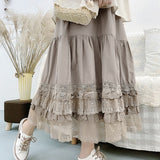 Purpdrank - Mori Girl Style Retro Pure Cotton Multi-layer Summer Lace Elastic Waist Loose Cake Skirt Lolita Petticoat Casual Midi Skirt Saia