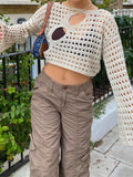 Purpdrank - Y2K Hollow Out Cropped Top Women Vintage Loose Distressed Crochet Pullovers Female Casual Fairycore Chic Crop Knit Smock Cloth
