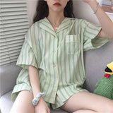 Purpdrank - Korean Pajama for Women Summer Loungewear Sleepwear Sets Girls Sweet Plaid Lapel Pyjama Kawaii Ruffle Pijama Japanese Home Suit