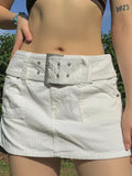 Purpdrank - White Corduroy Cargo Skirt with Sashes High-waisted Straight Casual Streetwear Korean Fashion Bottoms Pockets Clothes
