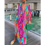 Purpdrank - Spring Autumn Women Loose Casual Pullover Dress Sexy Deep V Boho Long Dress Fashion Print Beach Long Dresses Vestidos