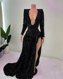 Purpdrank - Sexy Black Sequin Mermaid Long Prom Dresses 2023 African Girl V-neck With Long Sleeves High Slit Party Prom Dress