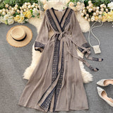 Purpdrank - Spring Autumn Women's Holiday Dress 2023 New Thin Chiffon Retro Print Lace-up Waist Slim Long Dress for Women