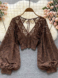 Purpdrank - Autumn Black/White/Brown Sexy Lace Blouse Women Elegant V-Neck Puff Long Sleeve Open Back Short Tops Female Party Blusas 2023