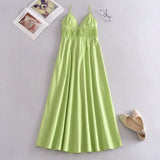 Purpdrank - Eleatic Smocking Green Cotton V Neck Summer Women's Dress Sleevless Long Green Maxi Casual Strapy Dress Solid Female
