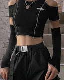 Purpdrank - E-girl Style Patchwork Black T-shirts Gothic Open Shoulder Sleeve Y2k Crop Tops Ruffles Hem Hip Hop Techwear Women Tee