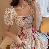Purpdrank - Floral Lace Dress Mori Girl Style Elegant Puff Sleeve Bandage Kawaii Fairy Princess Mini Short Dresses Woman