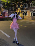 Purpdrank - Pink Floral Short Party Dress Sexy Lace Puff Fairy Kawaii Clothing Mini Dress Fashion Birthday Lolita Dress Women Summer 2023