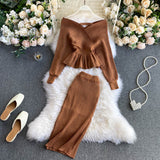 Purpdrank - 2023 Women Korean New Style Cross V-neck Puff Sleeve Short Waist Top + Elastic High Waist Pleated Skirt Knitting Two Piece