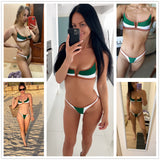 Purpdrank - Vintage Retro Bikini Patchwork Swimsuit Thong Brazilian Sexy Swimwear Female New Summer Micro V-bar Green Bathing Suits