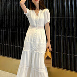 Purpdrank - Boho Women Maxi Party Dress Single Breasted Sexy White Lace Cotton Tunic Long Beach Dress Summer Vocation