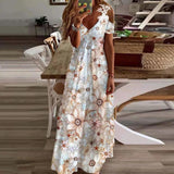 Purpdrank - Summer Boho Long Dresses Women Sexy V Neck Hollow Out Short Sleeve Maxi Dresses Female Casual Floral Print Beach Dress Robe