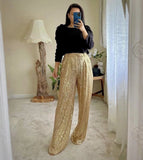 Purpdrank - Autumn New Women's Pants Solid Color Button Fly High Waist Straight Wide Leg Sequined Trousers Female Tide