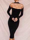 Purpdrank - New Mesh Transparent Women Dresses Double Layer Sexy Elegant Slim Bodycon Party Outfit Knee Length Pleated Evening Dress