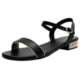 Purpdrank - Women Genuine Leather Sandals Low Heel Buckle Strap Ladies Open Toe Black Beige Metal Decoration Summer Female Shoes SmallHut