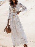 Purpdrank - Elegant V Neck Lady Loose Maxi Party Dress Women Flare Sleeve Solid Lace Dress Summer Hollow Out Casual Long Dress Vestidos