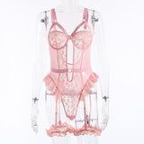 Purpdrank - Embroidery Floral Backless Sexy Mesh Sheer See Through One-piece Rompers Women Sexy Lingerie Slim Bodysuit Babydoll