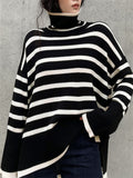 Purpdrank - Winter Women’s Long Sleeves Knit Sweater Turtleneck Striped Print Loose Pullover Tops New Autumn Oversized Sweater