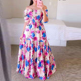 Purpdrank - Fashion Floral Print Big Hem Loose Maxi Dress Lady Sexy Off Shoulder Long Dress Women Elegant Slash Neck Strapless Party Dresses