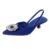 Purpdrank - Blue Women Pumps Silk Satin Pointy Toe Rhinestone Crystal High Heels Shoes Slip On Women Wedding Pumps Slingback Sandal Baotou