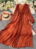 Purpdrank - Spring Autumn Women's Holiday Dress 2023 New Thin Chiffon Retro Print Lace-up Waist Slim Long Dress for Women