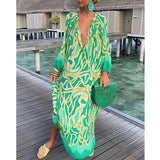 Purpdrank - Spring Autumn Women Loose Casual Pullover Dress Sexy Deep V Boho Long Dress Fashion Print Beach Long Dresses Vestidos