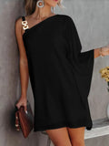 Purpdrank - Fashion Design One Shoulder Sleeve Loose Mini Dress Women Office Casual A-Line Dress Sexy Diagonal Neck Cutout Solid Party Dress