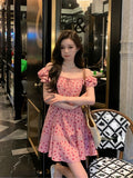 Purpdrank - 2023 Summer Pink Floral Midi Dress Women Causal Slim Evening Party Dress Office Lady Kawaii One Piece Dress Korean Fashion Chic