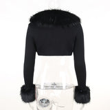 Purpdrank - Faux Fur Collar Black Cropped Cardigan Women Long Sleeve Knit Bolero Cardigan Sweater Fashion Elegant Autumn Jacket Crop Top