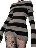 Purpdrank - E-girl Striped Gothic Aesthetic Sexy Dresses Grunge Long Sleeve Knitted Skinny Dress For Women Off Shoulder Streetwear