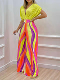 Purpdrank - Summer Sexy Deep V Neck Pleated Shirt Outfit Women Fashion Solid Blouses + High Waist Print Straight Pant Set Office Commute Set