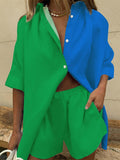 Purpdrank - Summer Casual Ladies 2 Piece Fashion Short Sleeve Lapel Cardigan Tops and Elastic Waist Pocket Shorts Set Solid Loose Women Suit