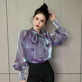 Purpdrank - 2023 New Arrival Spring Summer Korean Style Women Loose Casual Bow Long Sleeve Blouse All-matched Vintage Mesh Shirts