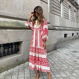 Purpdrank - Fashion Printed Long Dress Women Loose Puff Sleeve Summer Dress Casual Boho Holiday Beach Dress Female Ankle-length Maxi Dress