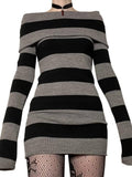 Purpdrank - E-girl Striped Gothic Aesthetic Sexy Dresses Grunge Long Sleeve Knitted Skinny Dress For Women Off Shoulder Streetwear