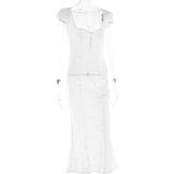 Purpdrank - Sexy Hollow Out Midi Dress for Women Summer Elegant Chic V-Neck Slim Party Dress White Short Sleeve Casual Dress