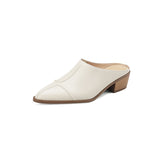 Purpdrank - Genuine Leather Spring Women Muller Slippers Hollow Square Toe High Heel Solid Color Comfortable and Breathable Casual Slippers