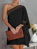 Purpdrank - Fashion Design One Shoulder Sleeve Loose Mini Dress Women Office Casual A-Line Dress Sexy Diagonal Neck Cutout Solid Party Dress